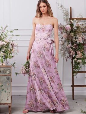 V. Chapman Lavender Pink Floral Strapless Maxi Dress